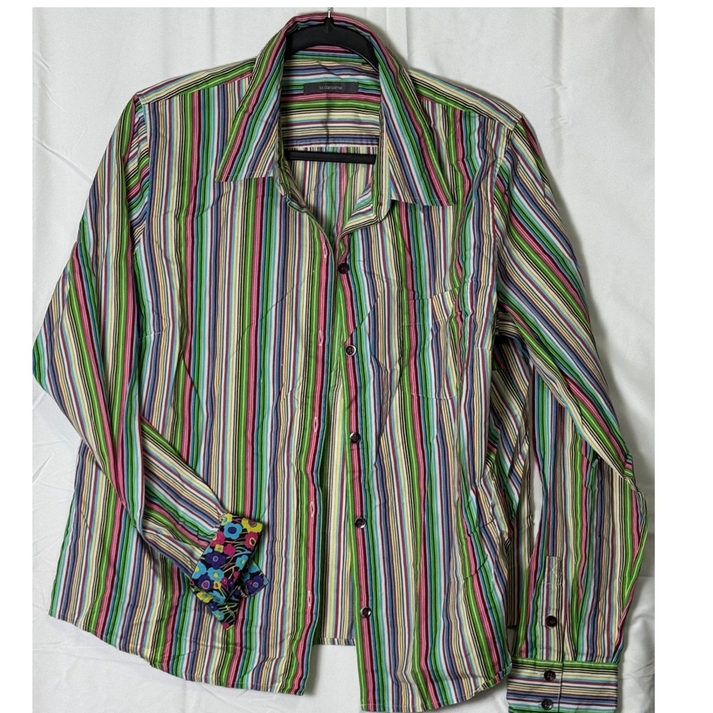 Liz Claiborne Women Multi Color Striped Button Down Shirt Floral Cuffs Cotton